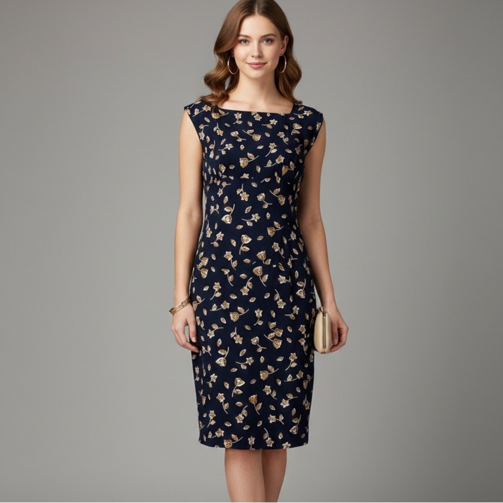 Bentley Vintage 90’s Navy Blue Floral Pattern Sheath Sleeveless Dress